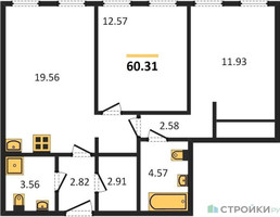 Планировка двухкомнатной(квартира) площадью 60.31 квадратных метров в “ЖК Insider (Инсайдер)”