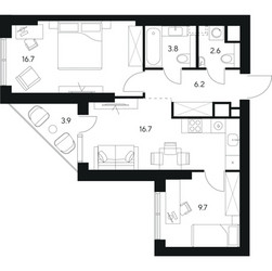 Планировка двухкомнатной(квартира) площадью 59.6 квадратных метров в ЖК “ЖК NEXUS by Akvilon (Нексус от Аквилон)”