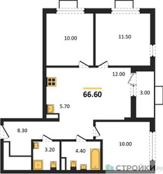 Планировка трехкомнатной(квартира) площадью 66.6 квадратных метров в ЖК “ЖК Бунинские кварталы”