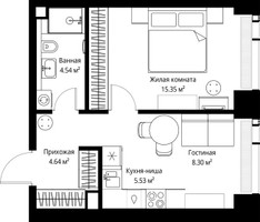 Планировка однокомнатной(квартира) площадью 38.36 квадратных метров в “ЖК Веер”