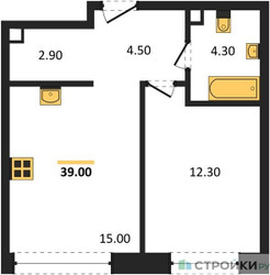 Планировка однокомнатной(квартира) площадью 39 квадратных метров в ЖК “ЖК Shagal (Шагал)”