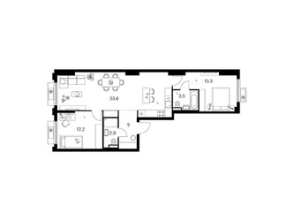 Планировка двухкомнатной(квартира) площадью 70.5 квадратных метров в ЖК “ЖК Белая Дача парк”