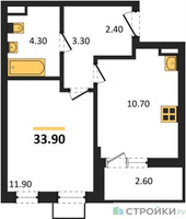 Планировка однокомнатной(квартира) площадью 33.9 квадратных метров в “ЖК Прокшино”