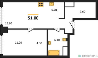Планировка однокомнатной(квартира) площадью 51 квадратных метров в “ЖК Very (Вери)”