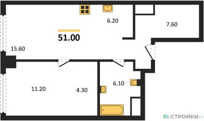 Планировка однокомнатной(квартира) площадью 51 квадратных метров в ЖК “ЖК Very (Вери)”