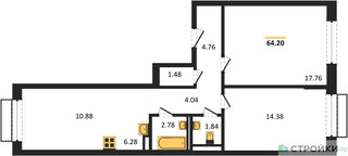 Планировка двухкомнатной(квартира) площадью 64.2 квадратных метров в “ЖК Рублевский Квартал”