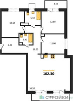 Планировка трехкомнатной(квартира) площадью 102.3 квадратных метров в “Отрада на реке”