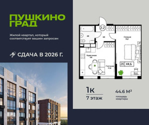 Планировка однокомнатной(квартира) площадью 44.6 квадратных метров в ЖК “ЖК Пушкино Град”