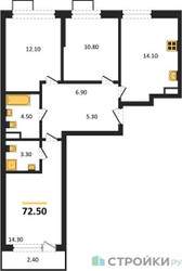 Планировка трехкомнатной(квартира) площадью 72.5 квадратных метров в ЖК “ЖК Прокшино”