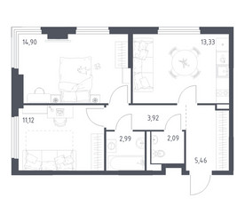 Планировка двухкомнатной(квартира) площадью 53.81 квадратных метров в ЖК “ЖК Пригород Лесное”