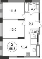 Планировка двухкомнатной(квартира) площадью 58.8 квадратных метров в “ЖК Переделкино Ближнее”