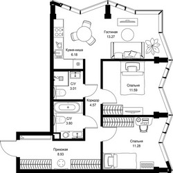 Планировка двухкомнатной(квартира) площадью 62.63 квадратных метров в ЖК “Дом премиум-класса МИРА”