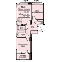 Планировка трехкомнатной(апартаменты) площадью 57.5 квадратных метров в “ЖК Кашинцево”
