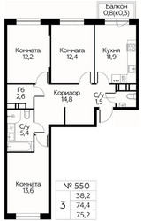 Планировка трехкомнатной(квартира) площадью 75.2 квадратных метров в ЖК “ЖК Цветочные Поляны Сити”