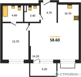Планировка однокомнатной(квартира) площадью 58.6 квадратных метров в ЖК “ЖК Дзен-кварталы”