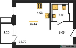Планировка студии(квартира) площадью 26.47 квадратных метров в “ЖК Прибрежный Парк”