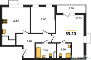 Планировка двухкомнатной(квартира) площадью 53.2 квадратных метров в “ЖК Бунинские кварталы”
