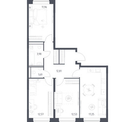 Планировка трехкомнатной(квартира) площадью 72.79 квадратных метров в ЖК “ЖК Квартал Домашний”