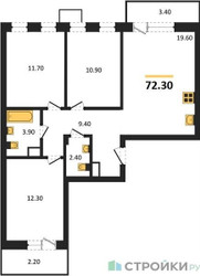 Планировка трехкомнатной(квартира) площадью 72.3 квадратных метров в ЖК “ЖК Лесная Отрада”