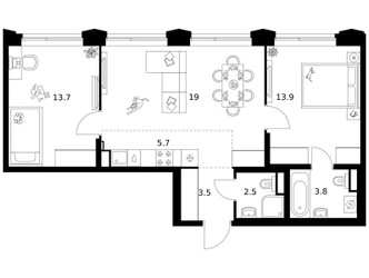 Планировка двухкомнатной(квартира) площадью 62.1 квадратных метров в ЖК “ЖК Матвеевский парк”