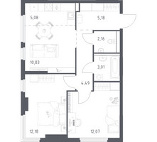 Планировка двухкомнатной(квартира) площадью 55 квадратных метров в “ЖК Пригород Лесное”