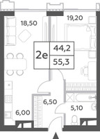 Планировка двухкомнатной(квартира) площадью 55.3 квадратных метров в “ЖК Will Towers (Вилл Тауэрс)”
