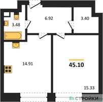 Планировка однокомнатной(квартира) площадью 45.1 квадратных метров в “ЖК Sezar City (Сезар Сити)”