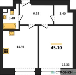 Планировка однокомнатной(квартира) площадью 45.1 квадратных метров в ЖК “ЖК Sezar City (Сезар Сити)”