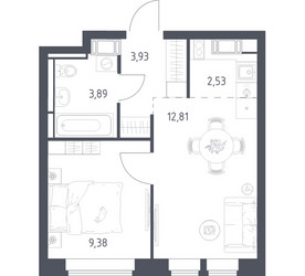 Планировка однокомнатной(квартира) площадью 32.54 квадратных метров в ЖК “ЖК Большое Путилково”
