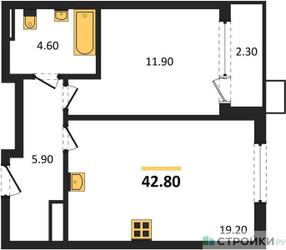 Планировка однокомнатной(квартира) площадью 42.8 квадратных метров в ЖК “ЖК Деснаречье”