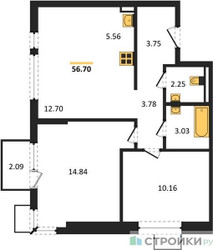 Планировка двухкомнатной(квартира) площадью 56.7 квадратных метров в ЖК “ЖК Горки Парк”