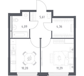 Планировка однокомнатной(квартира) площадью 35.55 квадратных метров в ЖК “ЖК Космический Квартал”