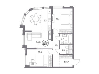 Планировка двухкомнатной(квартира) площадью 76.7 квадратных метров в ЖК “ЖК Дом 56”