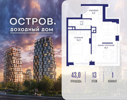 Планировка однокомнатной(квартира) площадью 43.02 квадратных метров в “ЖК Остров”