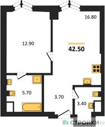 Планировка однокомнатной(квартира) площадью 42.5 квадратных метров в ЖК “ICE TOWERS (Айс Тауэрс)”
