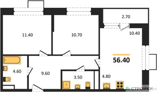 Планировка двухкомнатной(квартира) площадью 56.4 квадратных метров в “ЖК Бунинские кварталы”