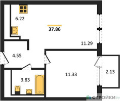 Планировка однокомнатной(квартира) площадью 37.86 квадратных метров в “ЖК Остафьево”