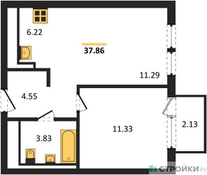 Планировка однокомнатной(квартира) площадью 37.86 квадратных метров в ЖК “ЖК Остафьево”