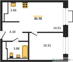 Планировка однокомнатной(квартира) площадью 35.3 квадратных метров в “ЖК Пригород Лесное”