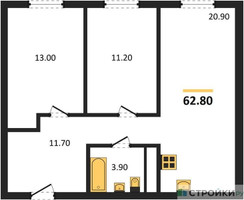 Планировка двухкомнатной(квартира) площадью 62.8 квадратных метров в “ЖК Сердце Одинцово”