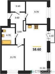 Планировка двухкомнатной(квартира) площадью 58.6 квадратных метров в ЖК “ЖК Квартал Метроном”