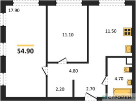 Планировка двухкомнатной(квартира) площадью 54.9 квадратных метров в “ЖК Шагал”
