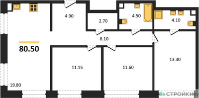 Планировка трехкомнатной(квартира) площадью 80.5 квадратных метров в ЖК “ЖК Shagal (Шагал)”