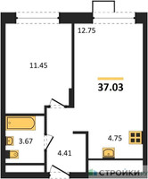 Планировка однокомнатной(квартира) площадью 36.8 квадратных метров в “ЖК Новоград Павлино”