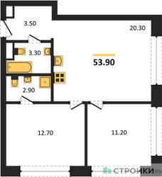 Планировка двухкомнатной(квартира) площадью 53.9 квадратных метров в ЖК “ЖК Wave (Вейв)”