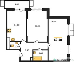 Планировка двухкомнатной(квартира) площадью 62.6 квадратных метров в “ЖК Пироговская Ривьера”