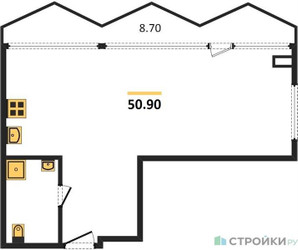 Планировка однокомнатной(апартаменты) площадью 50.9 квадратных метров в ЖК “ЖК Nametkin Tower (Наметкин Тауэр)”