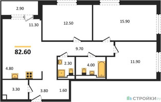 Планировка трехкомнатной(квартира) площадью 82.6 квадратных метров в “ЖК Заречье Парк”