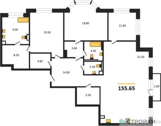 Планировка трехкомнатной(квартира) площадью 155.65 квадратных метров в ЖК “ЖК Хамовники 12”