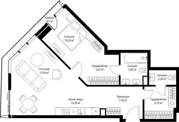 Планировка однокомнатной(квартира) площадью 69.8 квадратных метров в ЖК “ЖК Джойс”